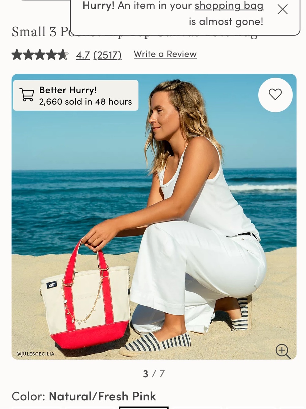 Lands' End Fresh Pink & Natural Small Canvas Tote Bag - Picture 10 of 11